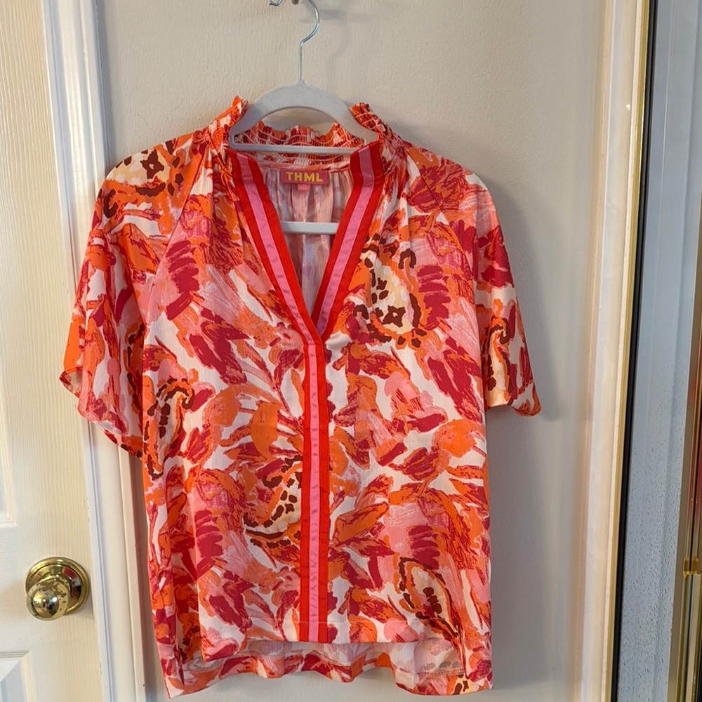 THML Red and Orange Relaxed Graphic Blouse